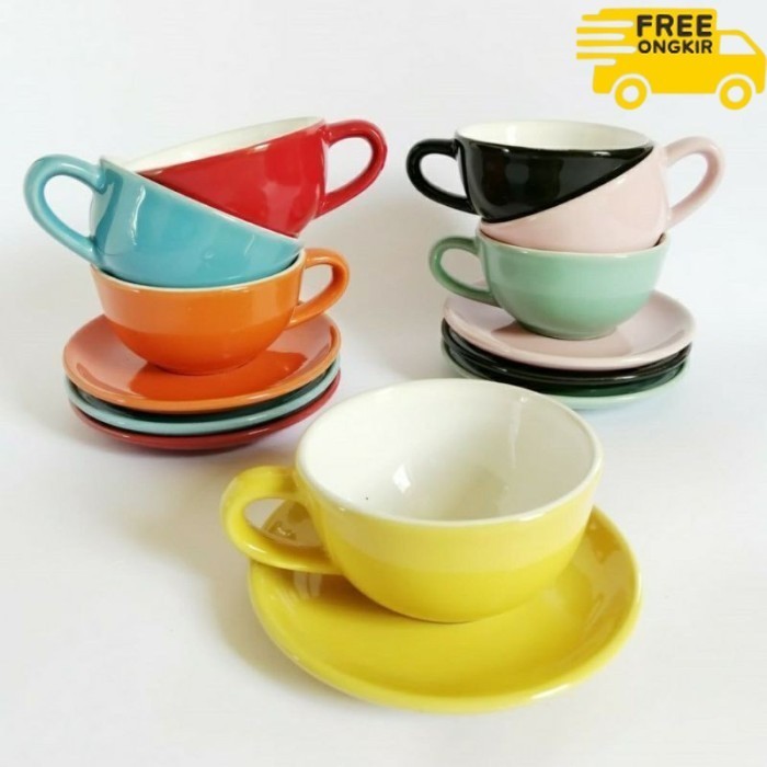 ✨LARIS✨ -Cangkir Kopi 180ml Model Ceper Cappucino Coffee Latte Cup Saucer Warna