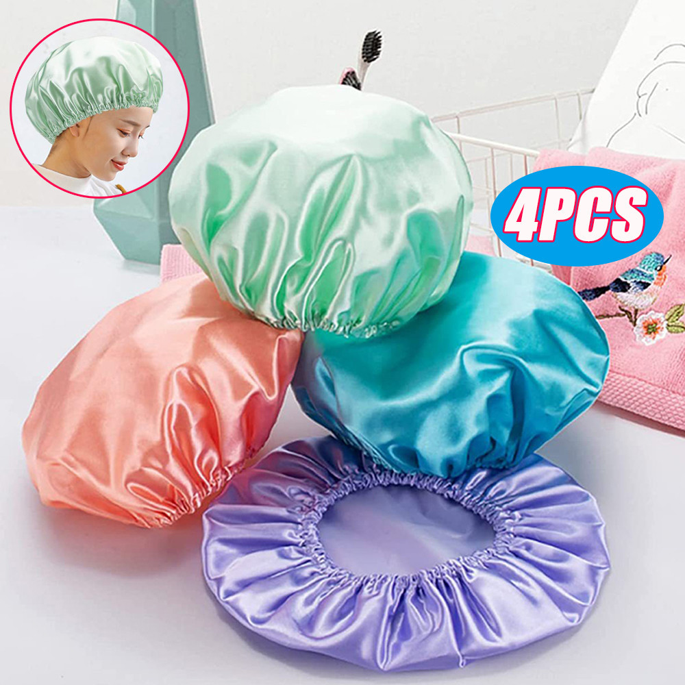 4Pcs Soft Bath Cap with Elastic Band Waterproof Reusable Shower Cap Women Girl Silk Bath Shower Spa 