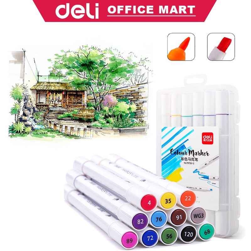

Deli Spidol Warna Tip Ganda Brush Pen Pulpen Warna Warni 12 Warna 12 pcs 2.0mm 4.0mm Cepat Kering Spidol Felt Pen