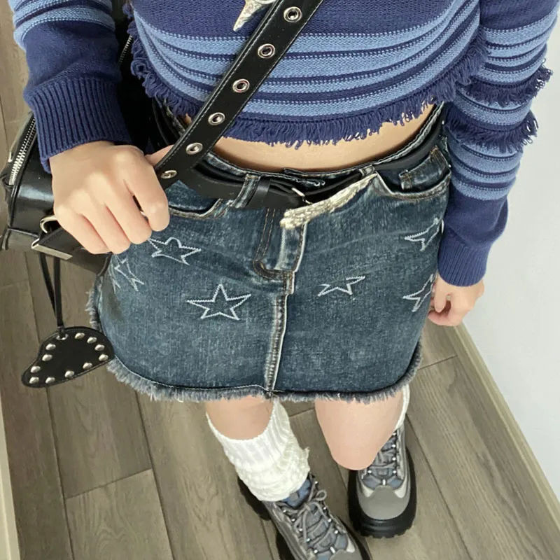 Vannesalab Rok bordir bintang Amerika retro Desain rok denim serbaguna Rok A-line ramping Rok Y2K Ro