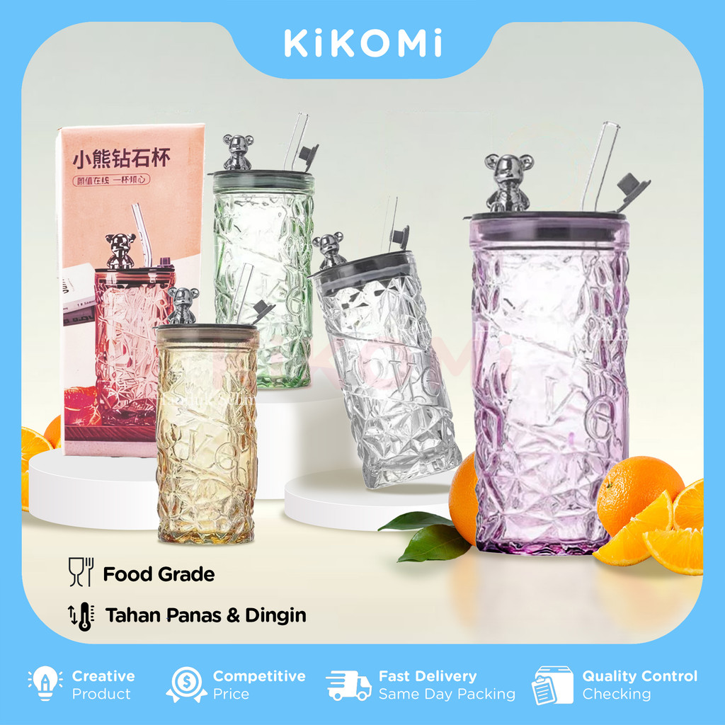 GELAS KACA BERUANG 420 ML Botol Air Minum Tumbler Motif Kristal Anti Tumpah Estetik Food Grade - KK