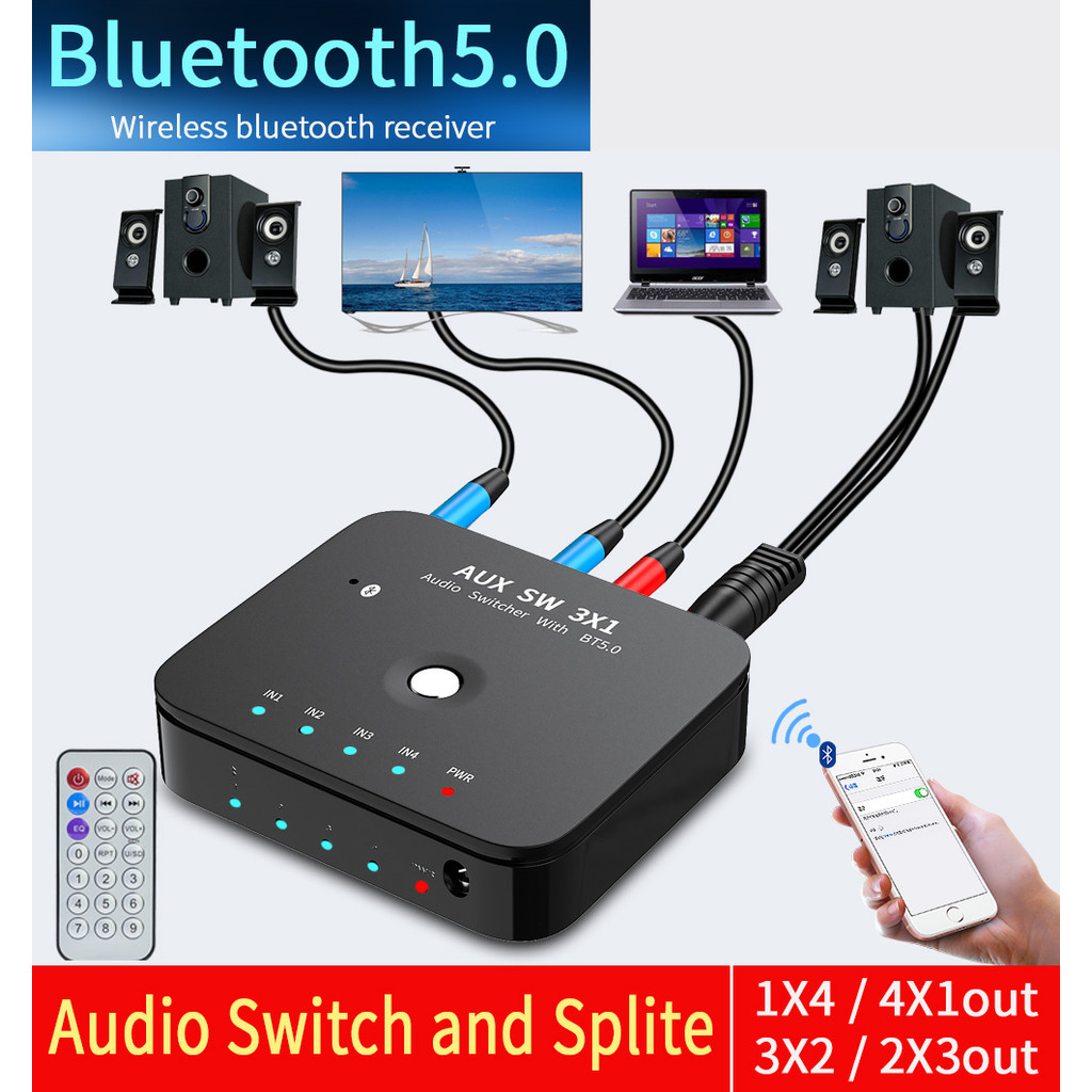 HIFI 4-port 3.5mm Stereo AUX Switcher 3 IN 1OUT Wireless Music Bluetooth 5.0 Audio Receivers Infrare