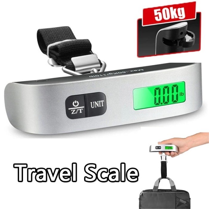 Travel Scale Timbangan Koper Tas Barang Genggam Bandara Pesawat Cek Bagasi Ikan Daging Buah Electronic Luggage Scale Silver Max 50kg 50 Kg Timbangan T Pengukur Berat Gantung Traveling Tangan Digital LCD Mini Kecil Simple Enteng Portable 0.01kg