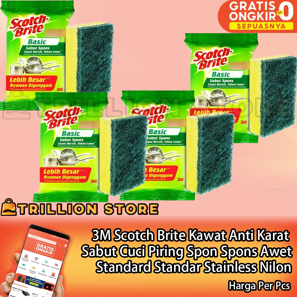 3M Scotch Brite Kawat Anti Karat Sabut Cuci Piring Spon Spons Standard Standar Sponge Spon Busa Stai