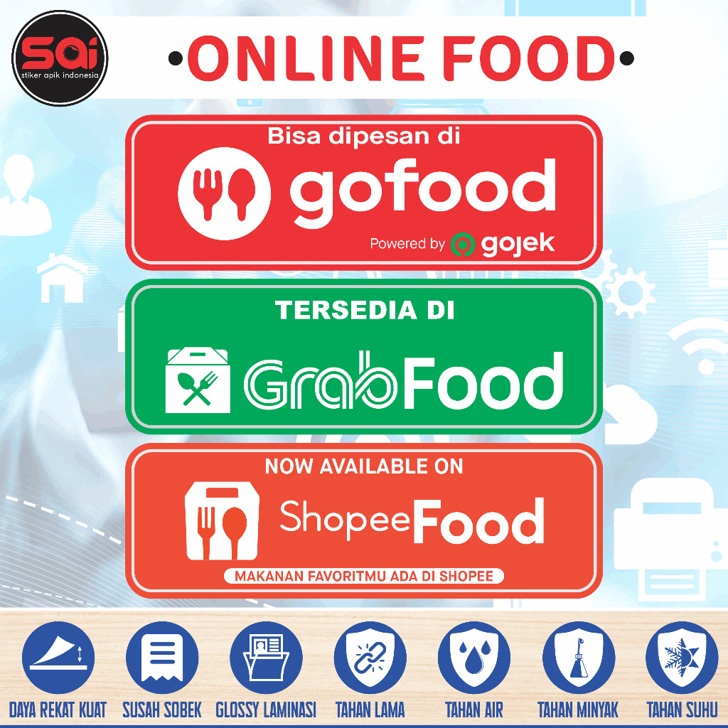 

Stiker Vinyl Anti Air Online Food - Go Food - Grab Food - Shopee Food Landscape Laminasi Glossy