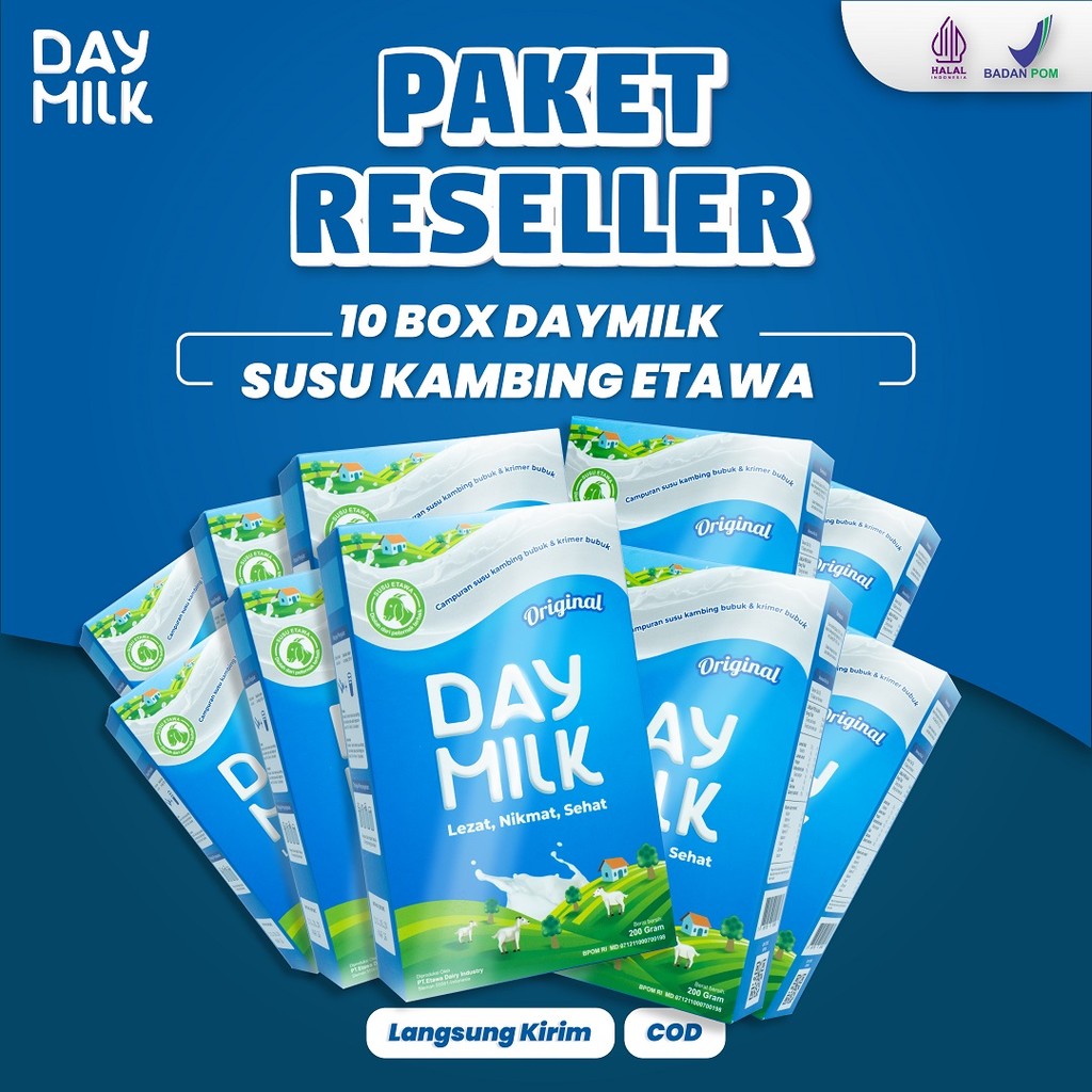 

Susu Daymilk 200gr - Kambing Etawa Paket Reseller 10 Box Bantu Jaga Daya Tahan Tubuh dan Tulang