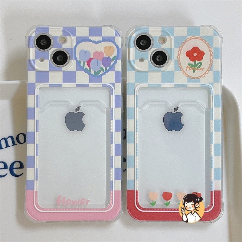 bunga kotak-kotak pemegang kartu Case Vivo Y02 Y02a Y02t Y02s Y16 Y11 Y17S Y27 Y12 Y15s Y15a Y17 Y12