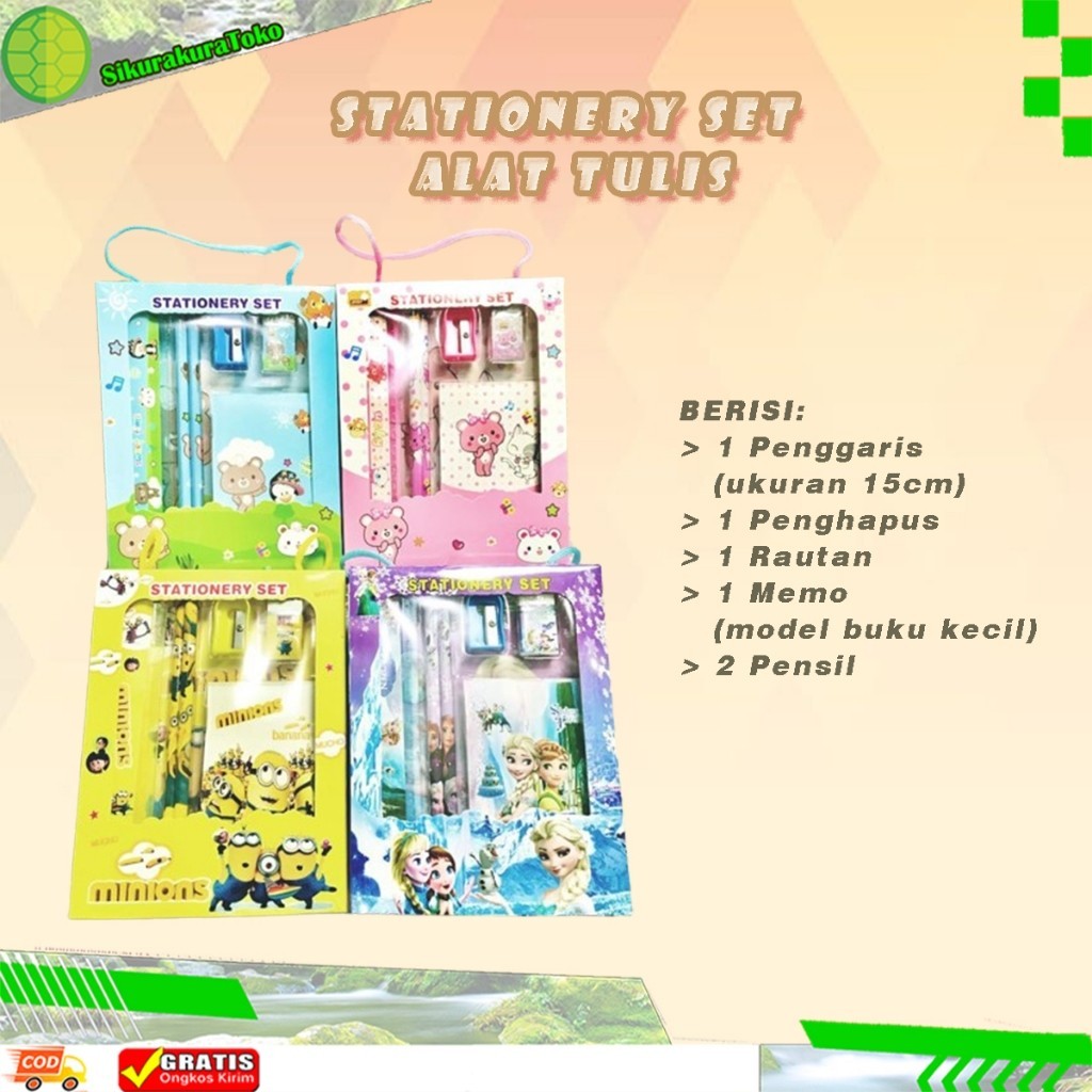 

(SDA) 1 Set Alat Tulis / Study 6 IN 1 Motif Karakter Anak Sekolah Buku Note Pensil Penghapus Pengaris Rautan / Orotan
