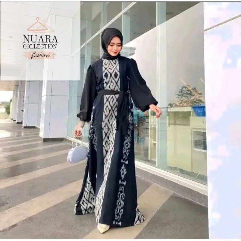 Nuara collection Dress raya tenun black lengan balon gamis elegan untuk pesta kondangan dan semua ac