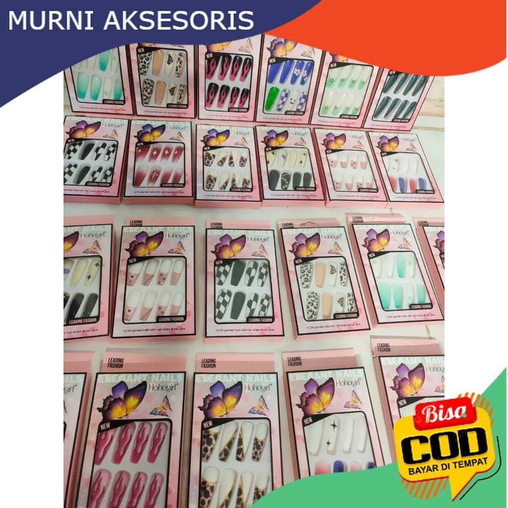 Murni Aksesoris. Kuku Palsu Panjang 12pcs dan Lem Kuku - Nail Art 3D Kuku Palsu Aesthetic Tahan Air 