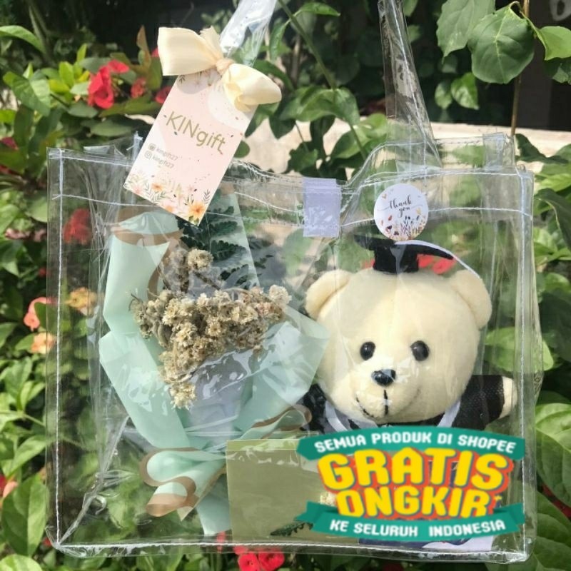 KADO HAMPERS GIFT HADIAH BONEKA BUKET TAS TRANSPARAN WISUDA ULANG TAHUN ANNIVERSARY FREE KARTU UCAPA