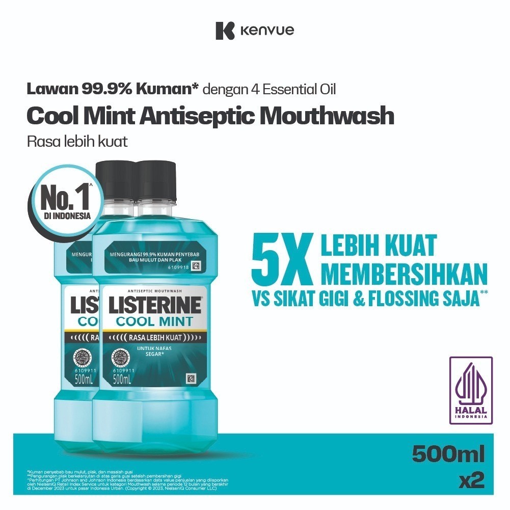 LISTERINE Cool Mint Antiseptic Mouthwash / Obat Kumur Antiseptik - 500ml - Isi 2