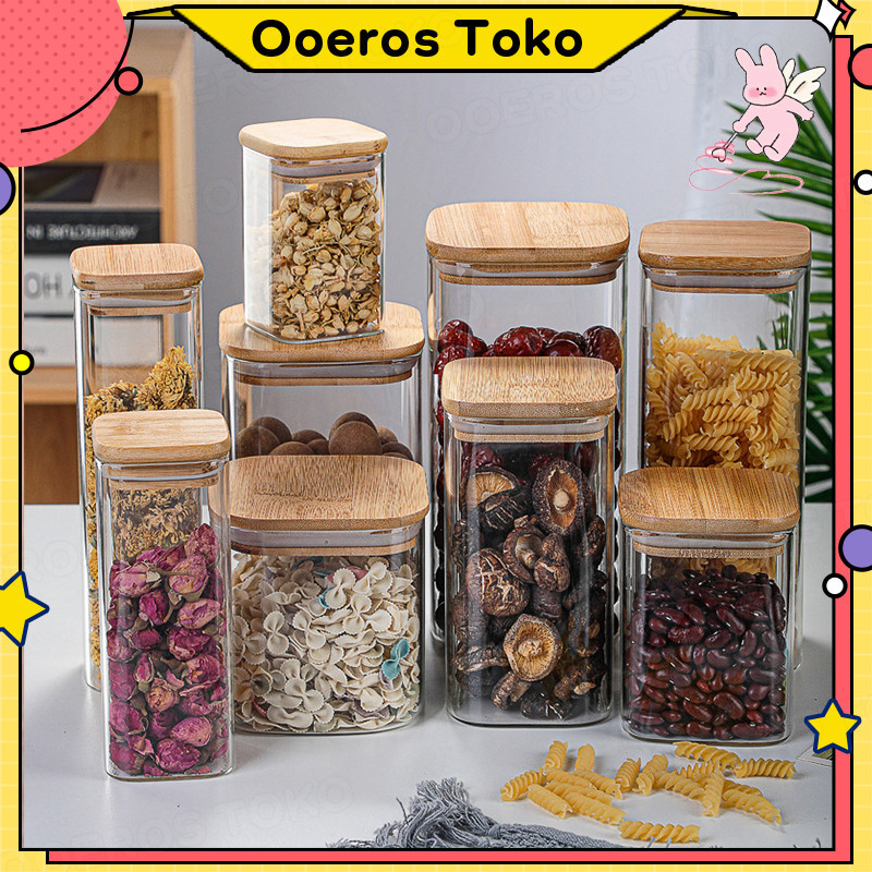 Toples Kaca Unik Tutup Kayu Wadah Susun /Serbaguna Jar Kaca/Glass Storage Jar/ Tempat Penyimpanan Gu