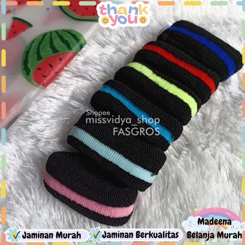 Ikat Rambut Donat Hitam Strip Besar Tebal Import / Karet Kuncir