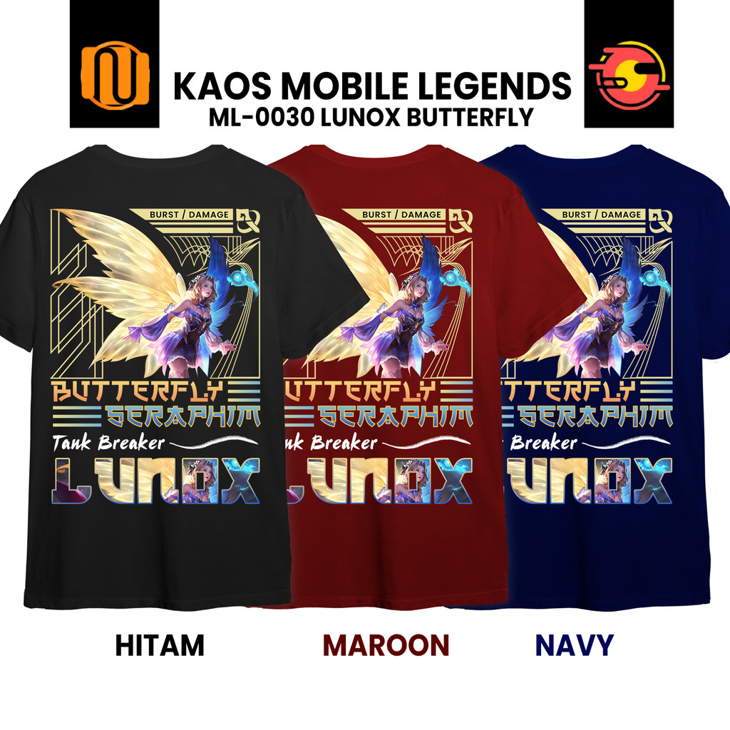 Nuhifa Store Kaos LUNOX BUTTERFLY SERAPHIM EPIC Mobile Legeds MLBB Lengan Pendek Hitam  Pria Wanita