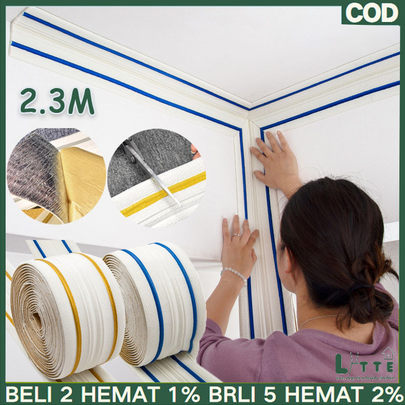 Stiker dinding 3D border list foam ukuran 230 cm, profil dekorasi wallpaper serbaguna