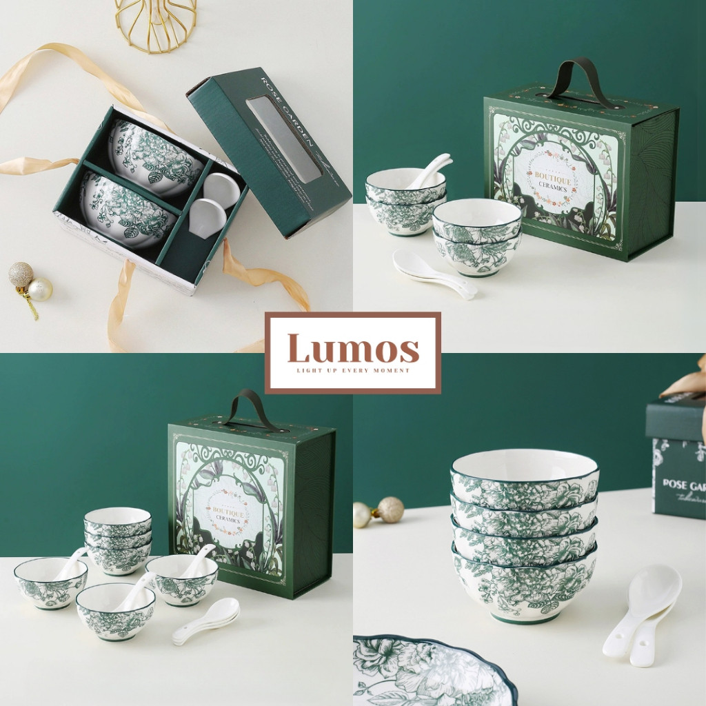 LUMOS Hampers Parcel Bingkisan Premium Idul Fitri Lebaran 2 4 6 Mangkok Keramik Motif Bunga Hijau