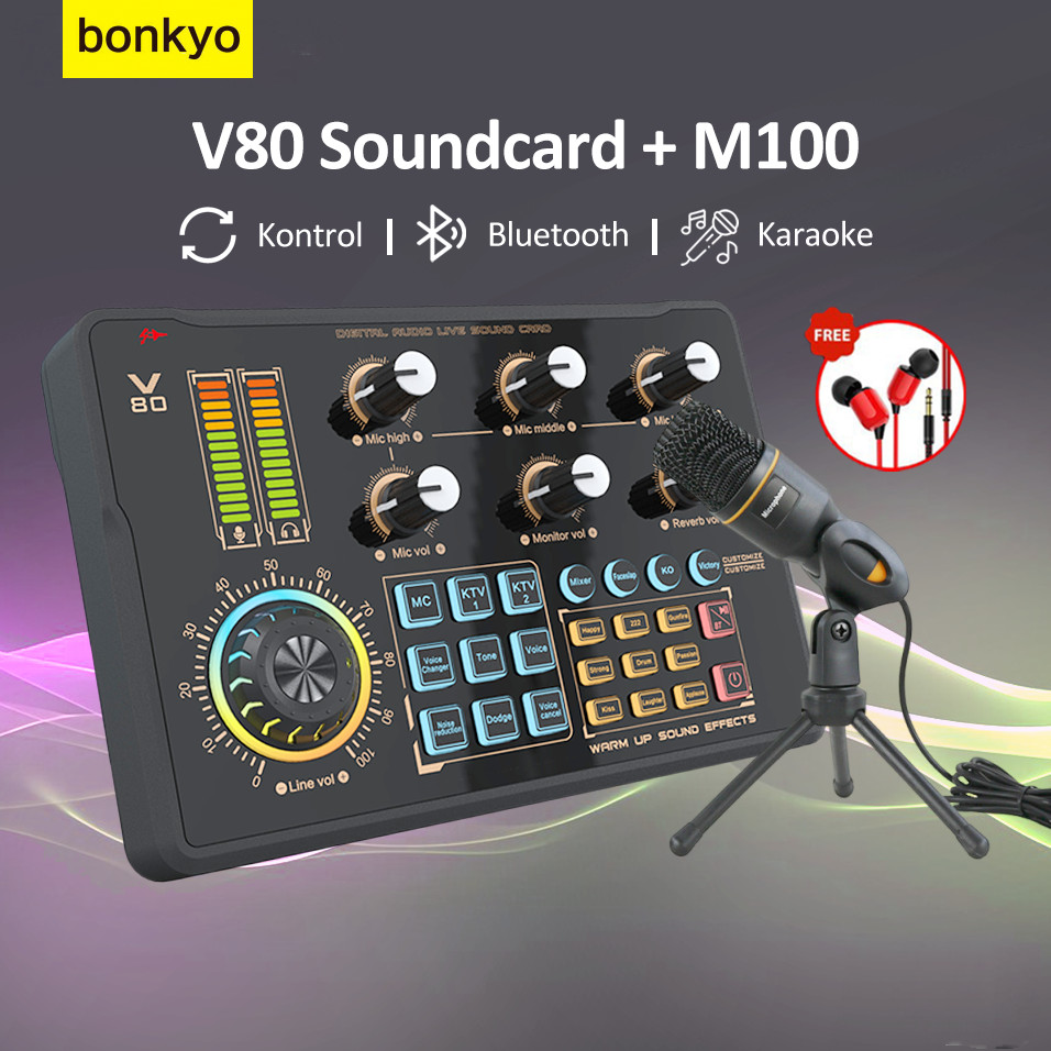 Bonkyo Kartu suara mikrofon V80 + M100 soundcard set 5V Bluetooth compatible External Wireless DJ Mi