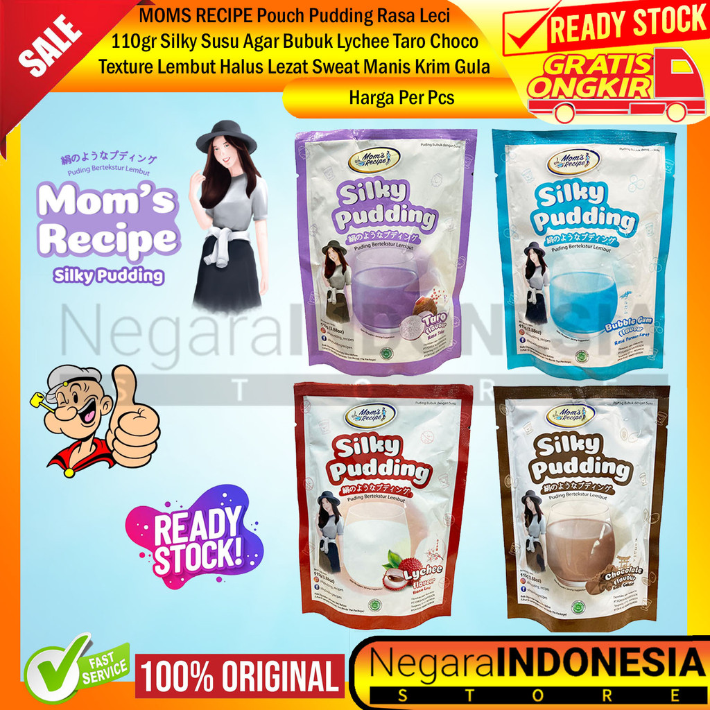 

MOMS RECIPE Pouch Pudding Rasa Leci Coklat Alpukat Stoberi Permen Karet Talas Ungu 110gr Silky Agar Bubuk Lychee Taro Choco Bubblegum Strawberry Avocado Texture Lembut Halus Lezat Susu Krim Gula Air OKA Tinggi Protein