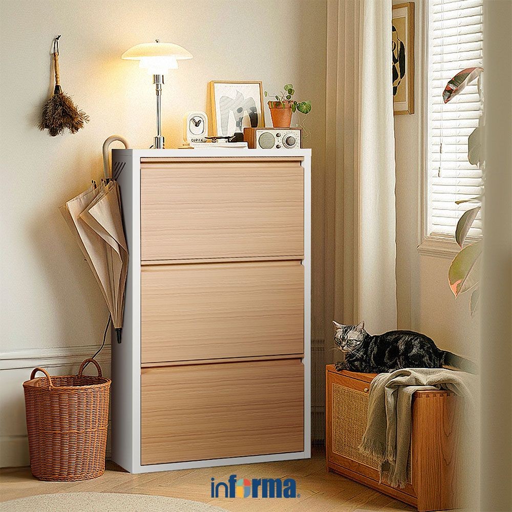 Informa Levi Kabinet Sepatu 3 Tingkat - Putih/Cokelat Kayu Organizer Sandal Dan Sepatu Rak Lemari Al