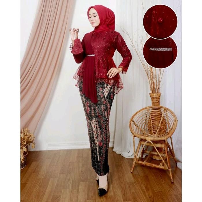 Baju Couple Kebaya Aurora Selendang Mutiara Set Rok Plisket Batik Keluarga Pasangan Sarimbit Kemeja 