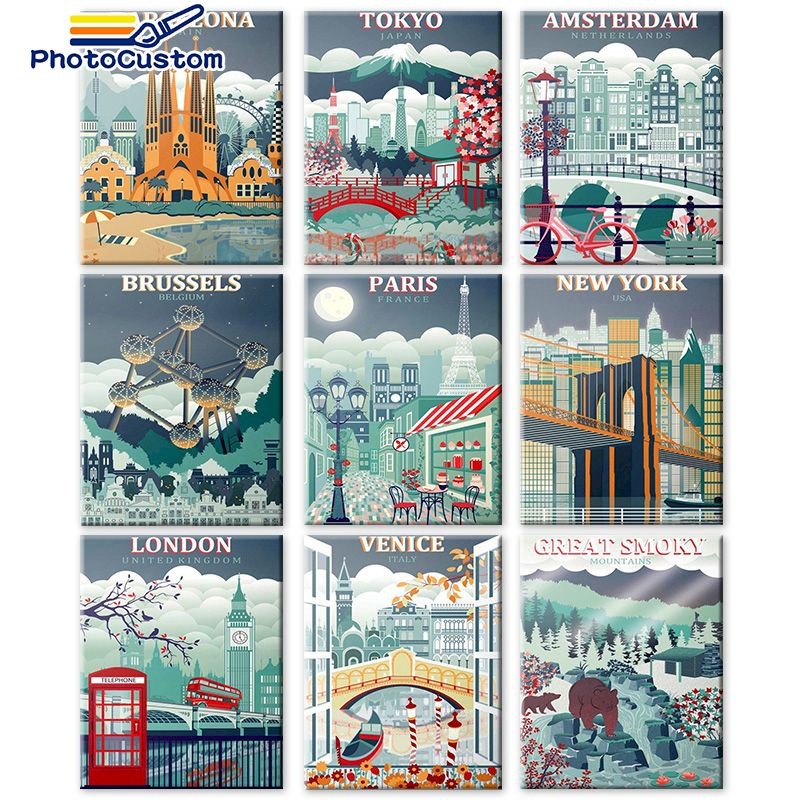 

PhotoCustom DIY Paint By Number City Scenery poster Drawing On Canvas Kits Drawing Canvas Pictures Home Decor