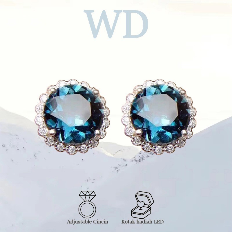 WD Jewelry - Pt950 Aquamarine Anting Kancing Kristal Biru Wanita Jarum Perak Antialergi