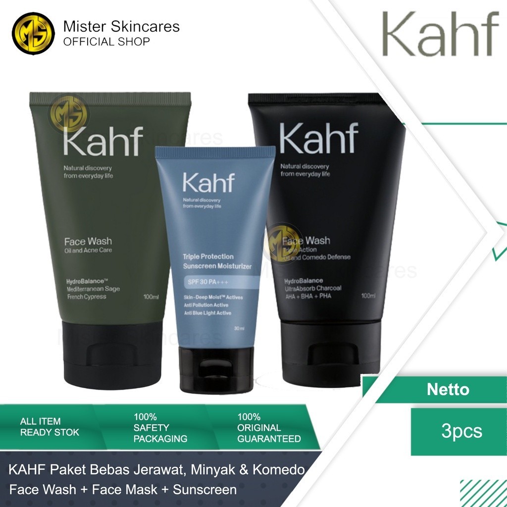 KAHF Paket Lawan Jerawat & Komedo ( Face Wash Oil Acne + Face Wash Comedo + Sunscreen )