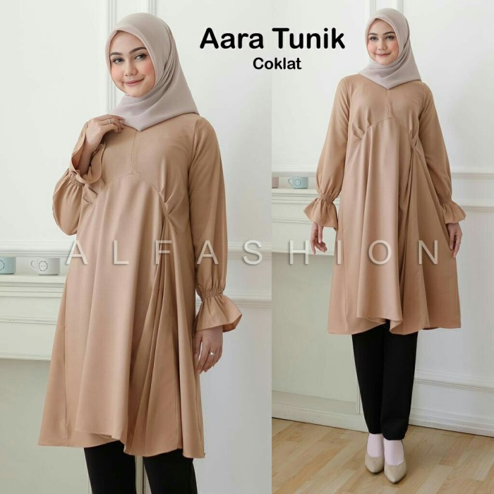 Tunik Muslim Wanita Fashion Atasan Busui Wudhu Long Tunic Panjang Zara - Coklat, XL Original terbaru