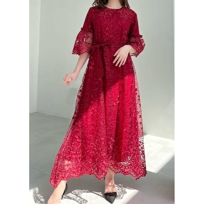 Midi Dress Wanita Lengan Pendek Baju Pesta Brokat Pakaian Mewah Modern Original terbaru Murah Termurah Import terlaris Trendy kekinian