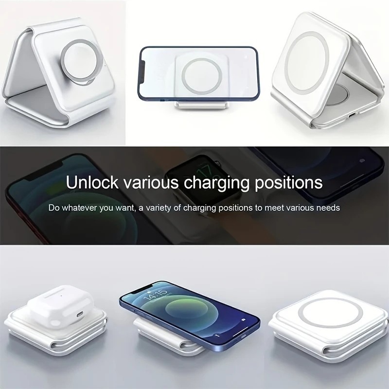 RB 3 in 1 Magnetic Wireless Charger Pad Fast Wireless Charging Dock Station Foldable Portable