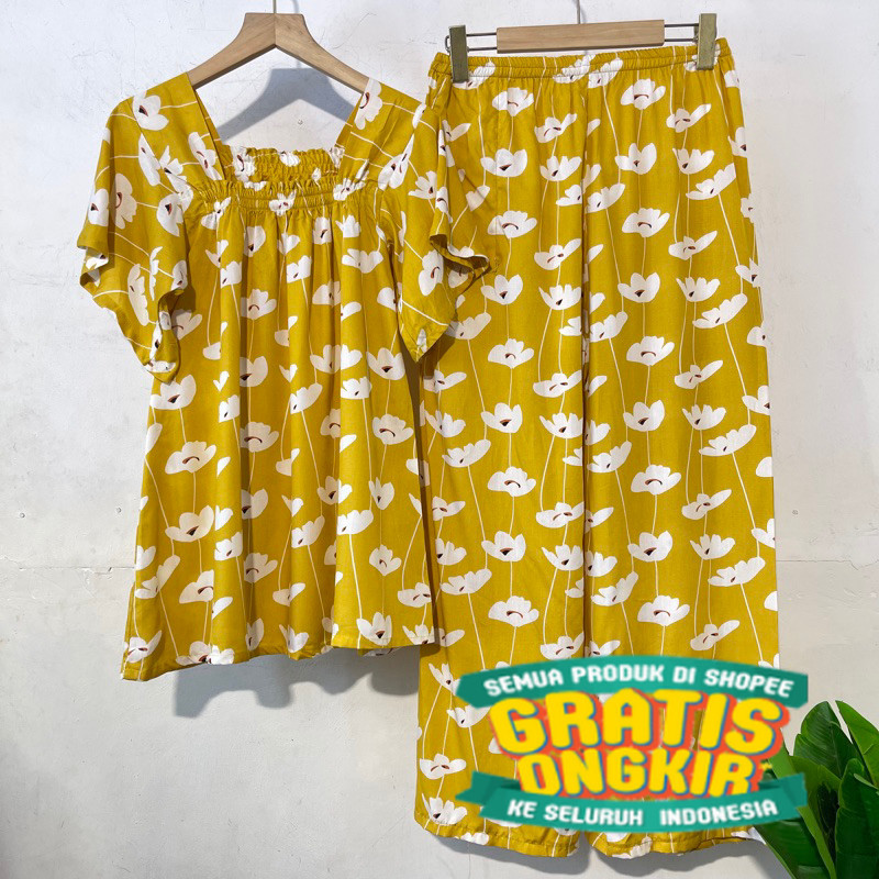 Setelan Wanita Motif Terkini / Homewear Rayon / Setelan Kerut Dada / Becca Set/ Menyala