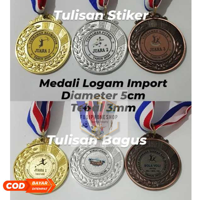 MEDALI CUSTOM DIAMTER 5CM WISUDA BADMINTON DLL LOGAM IMPORT ANGKA PER SATUAN