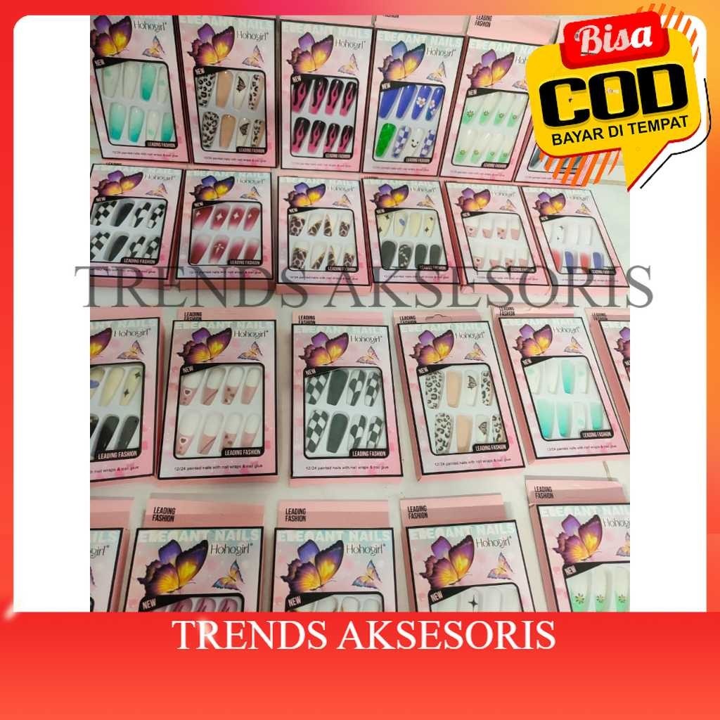 [TRENDS COD] Kuku Palsu Panjang 12pcs dan Lem Kuku - Nail Art 3D Kuku Palsu Aesthetic Tahan Air (sud