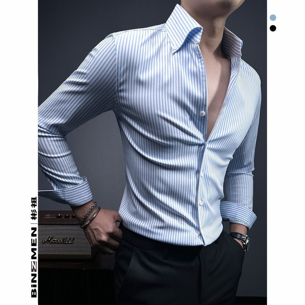 Kaos Kerah Lengan Panjang Pria Kemeja Bergaris Leher V