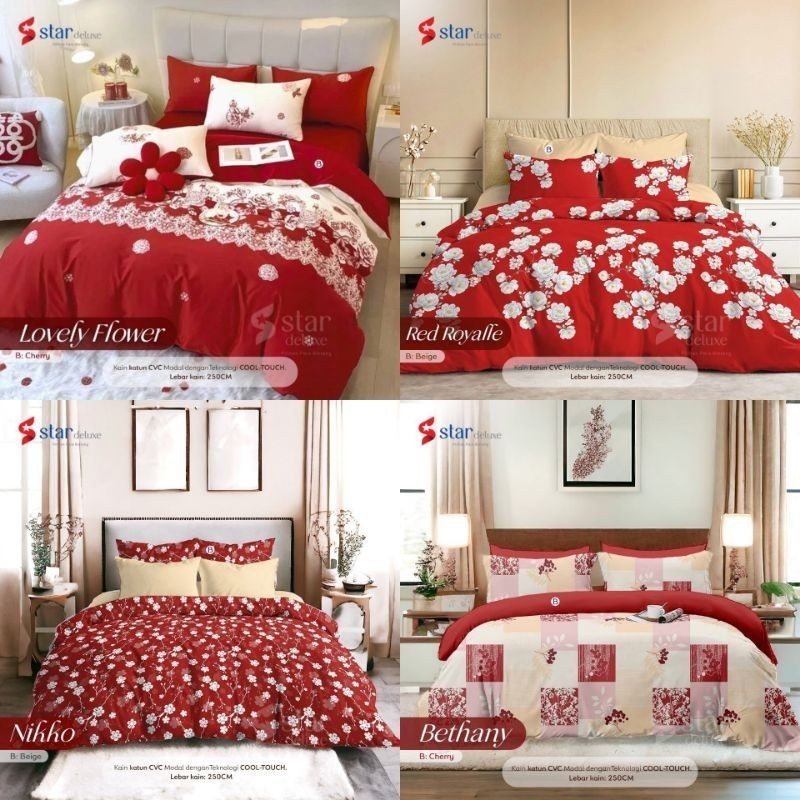 SPREI KATUN LOKAL STAR MOTIF BUNGA MERAH