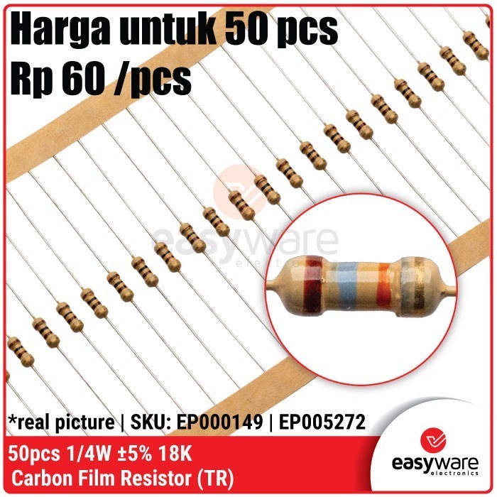 DS99 50pcs Resistor 18K Ohm 1/4W 5% Carbon Resistor 18K 0.25W 0.25 Watt Resistor 5%