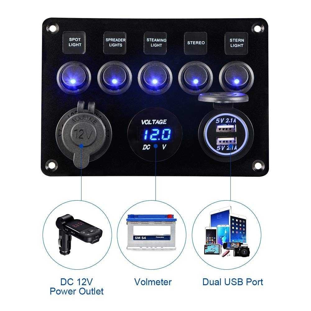 Jawara ACCESTING Saklar Panel Mobil RV Yacht 5 Way USB Voltmeter DC 12/24V  GT17 qualiity