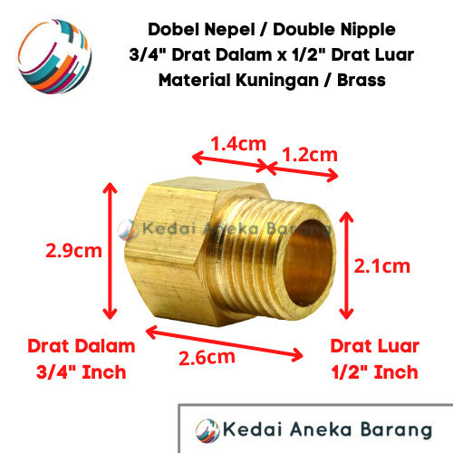 GJ99 Double Nipple Dobel Nepel 3/4 x 1/2 Inch Kuningan Drat Luar Dalam