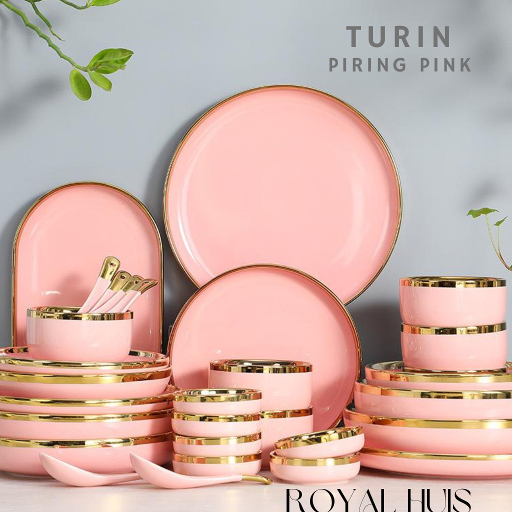 Piring Makan Keramik Pink Gold / Piring Pink Keramik List Gold / Mangkuk Keramik Pink Gold Elegan / 