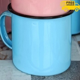✨LARIS✨ -Cangkir Gelas Seng Enamel Blirik Jadul 7 cm 200 ml Souvenir Biru/Pink - Biru