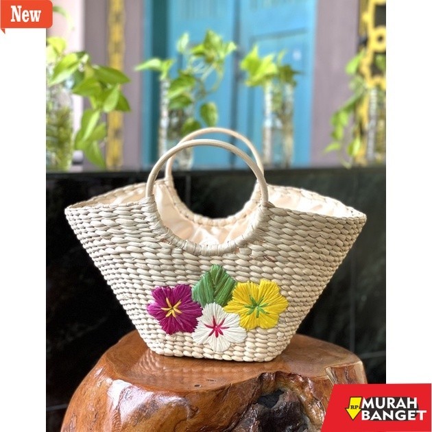 tas jinjing wanita Tas enceng gondok caping sulam bunga