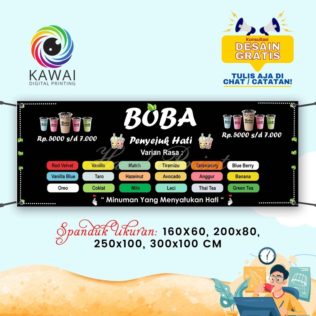 Spanduk Banner MMT Jualan Minuman Boba Banyak Rasa Bisa Rekuest 300x100CM
