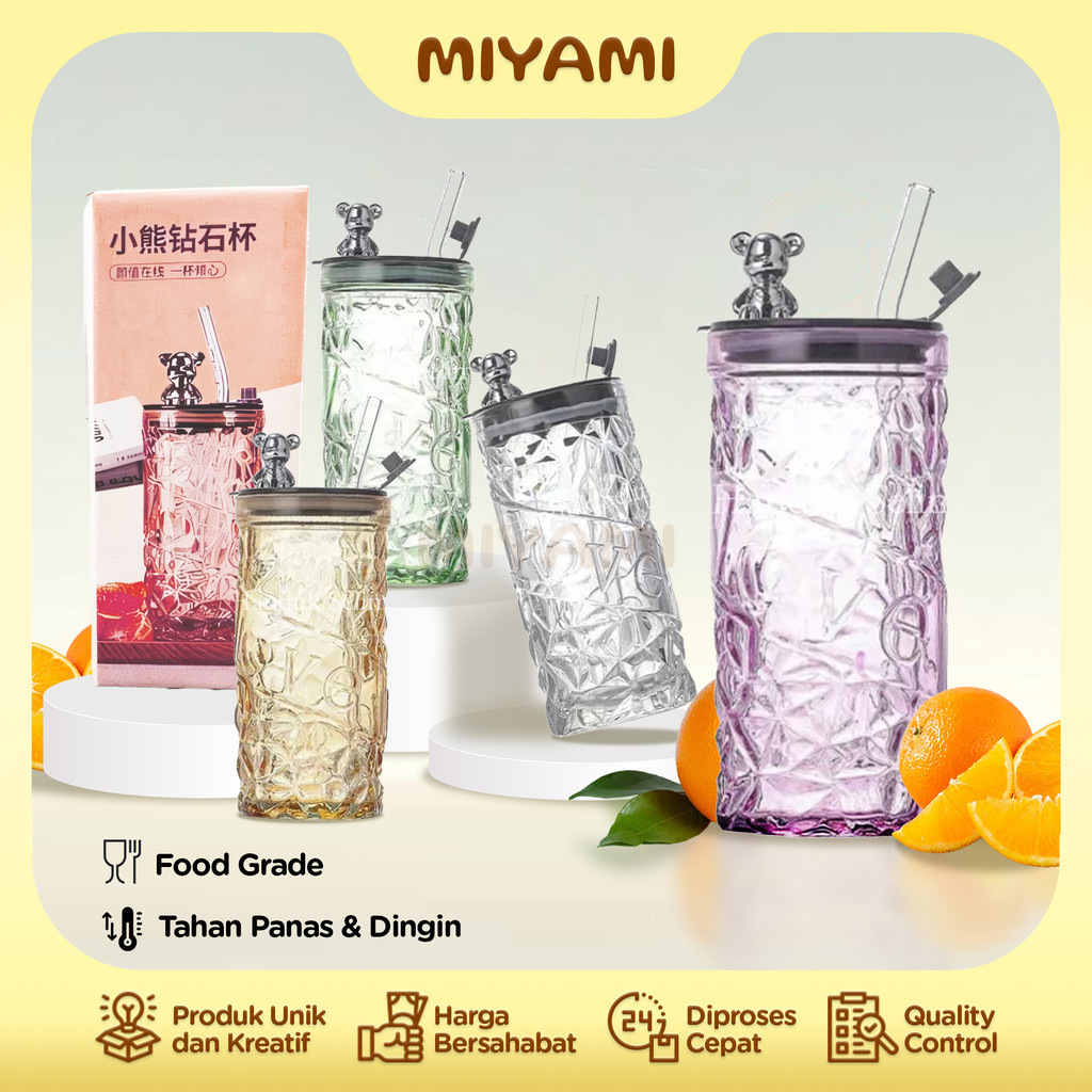 GELAS KACA BERUANG 420 ML Botol Air Minum Tumbler Motif Kristal Anti Tumpah Estetik Food Grade - MI