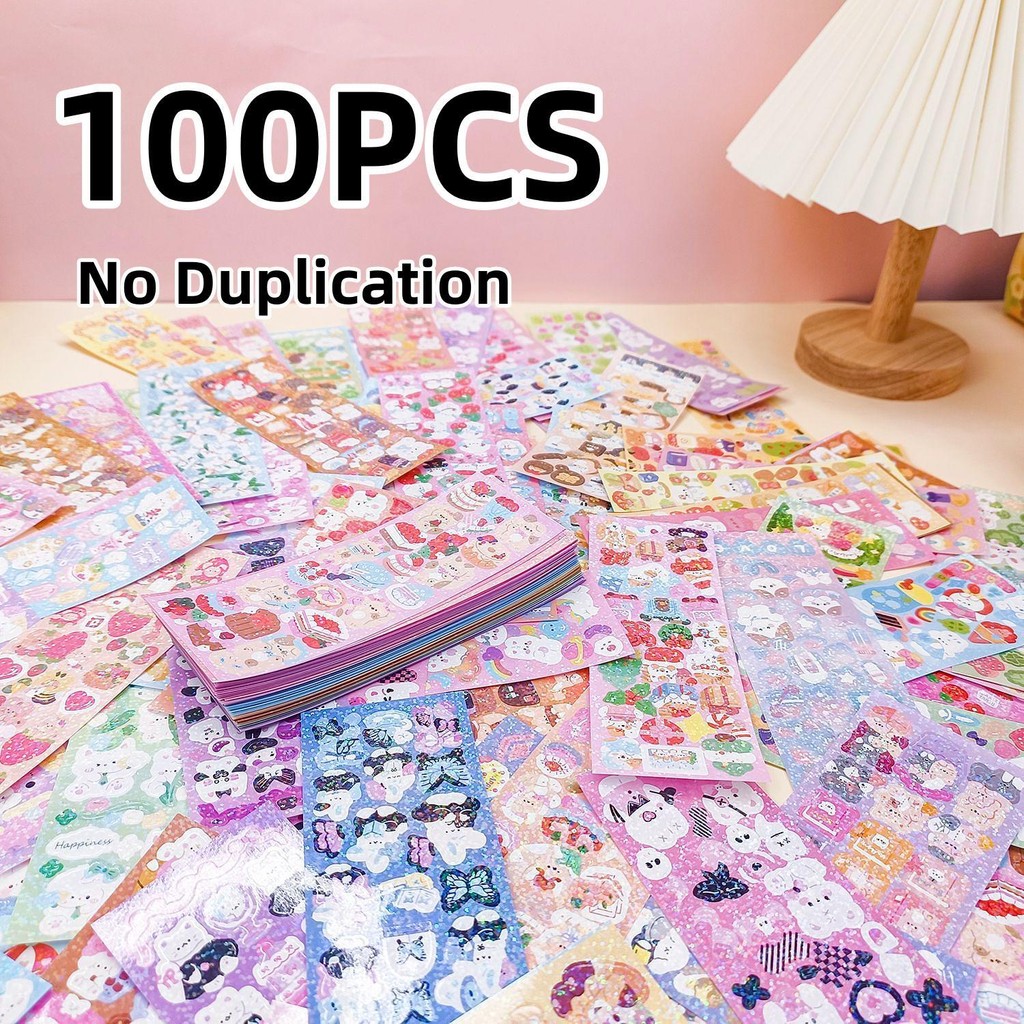 

100 PCS KPOP Cuties Holo Sticker Pack - Shiny Cute Cartoon Themes - For Journaling Toploader Deco Seal with Kawaii Korean Style