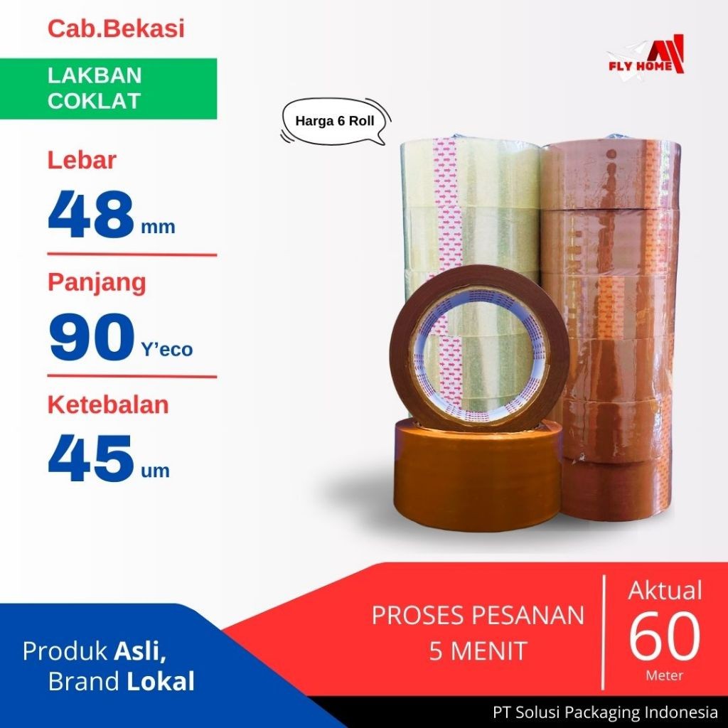 

FLYHOME 6Roll Lakban Coklat 48x90Y 2inchi Solasi Uk Besar ECO 90 yard