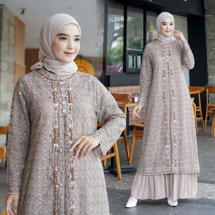 BAJU GAMIS PESTA KONDANGAN TULLE BORDIR DRESS CARDAN LEPAS PAYET - Mocca, M