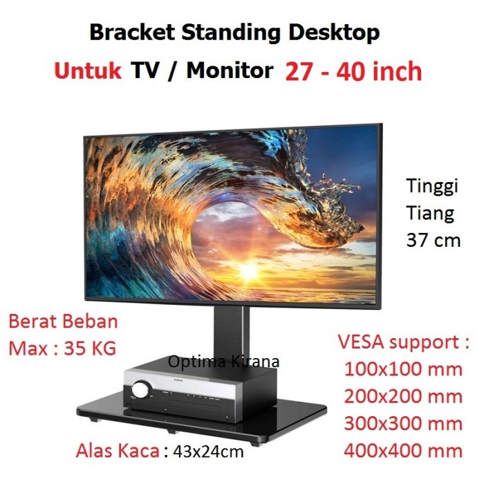 Bracket TV STAND Desktop Berdiri di Meja ukuran 27 32 34 37 39 40 42 43 inch Alas Kaki TV Kaca Tempe