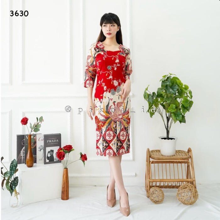 Set batik couple modern merah pria wanita / dress imlek natal pasangan - DS SPAN LG-3630, STANDARD