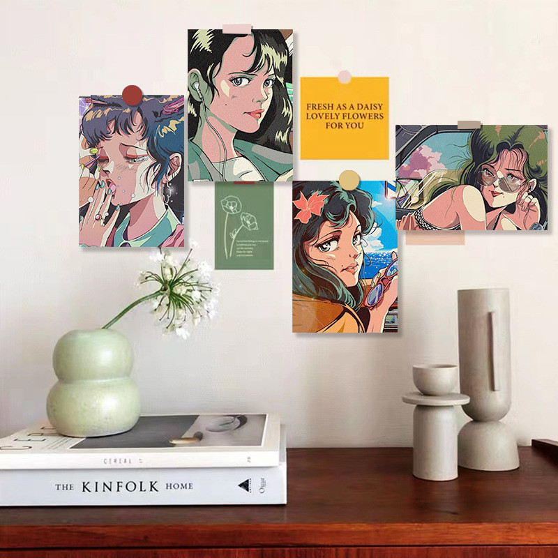 

​Japanese Cartoon Sweet Retro Girl Decoratiove Card 9 Sheets Creative Diy Wall Sticker Beautiful Postcard Bookmarks Photo Props